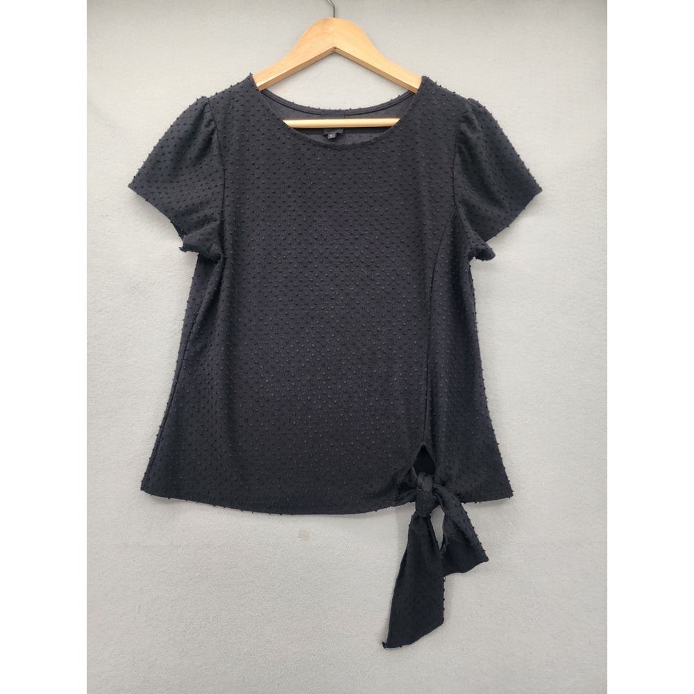 W5 Black Swiss Dot Top Side Tie Knot Puff Sleeve Blouse Textured Shirt Small